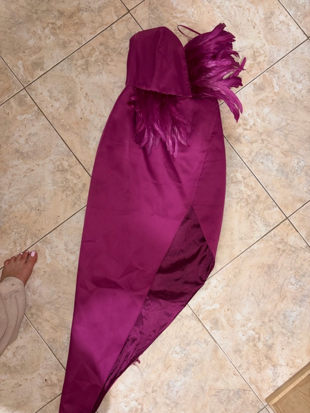 Fashion Nova Strapless Feather Detail Dress in Magenta